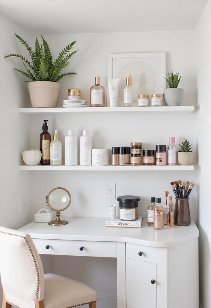 25 Dressing Table with Storage Ideas That Look Elegant 12 25 Dressing Table with Storage Ideas That Look Elegant - 12. Minimalist Open Shelf Vanity