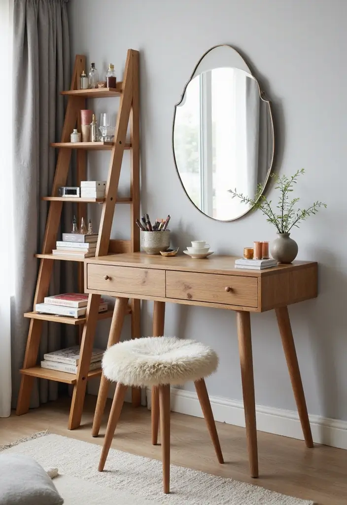 25 Dressing Table with Storage Ideas That Look Elegant 15 25 Dressing Table with Storage Ideas That Look Elegant - 15. Elegant Ladder Shelf Dressing Table