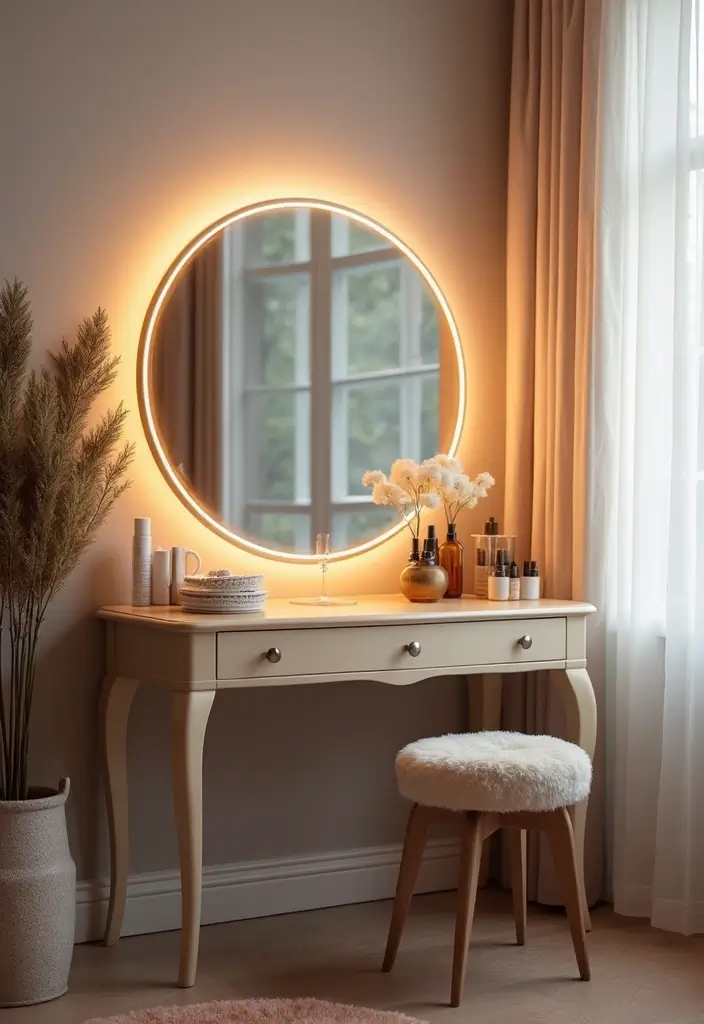 25 Dressing Table with Storage Ideas That Look Elegant 19 25 Dressing Table with Storage Ideas That Look Elegant - 19. Stylish Round Dressing Table