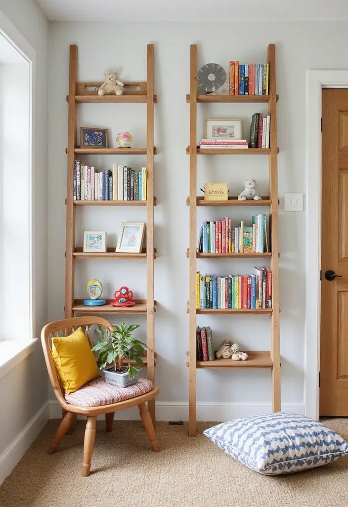 25 Playroom Storage Ideas to Keep Toys Organized - 15. Ladder Shelves for a Trendy Look