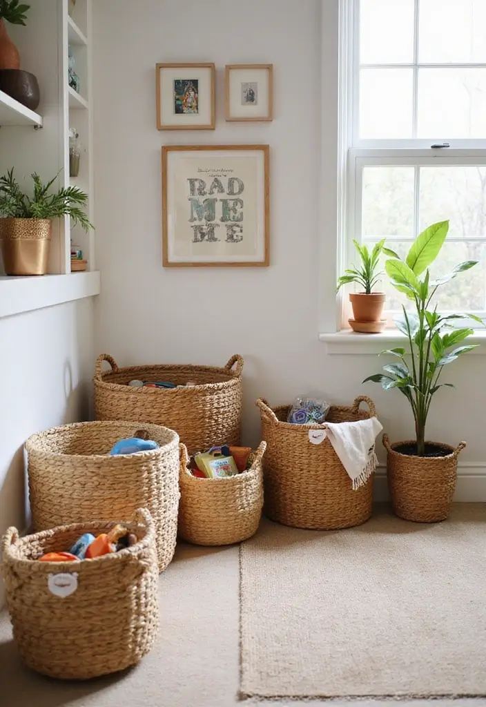 25 Playroom Storage Ideas to Keep Toys Organized - 3. Woven Baskets for a Natural Touch