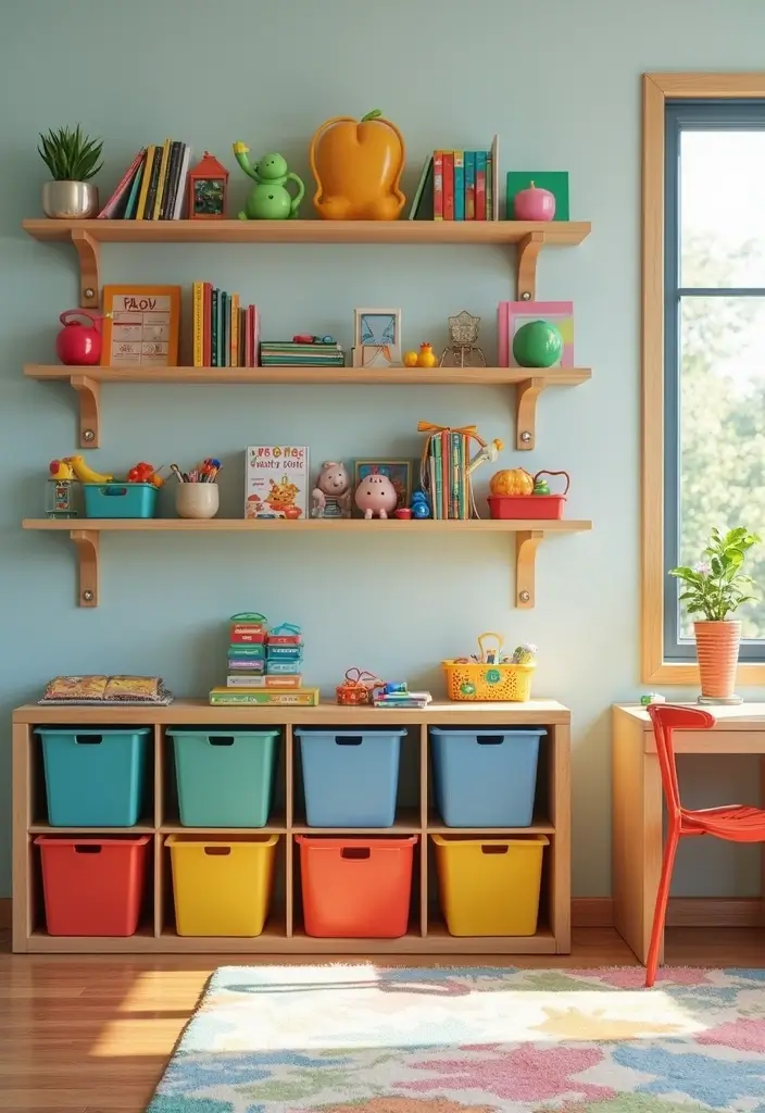 25 Playroom Storage Ideas to Keep Toys Organized - 4. Wall-mounted Shelves for Space-saving