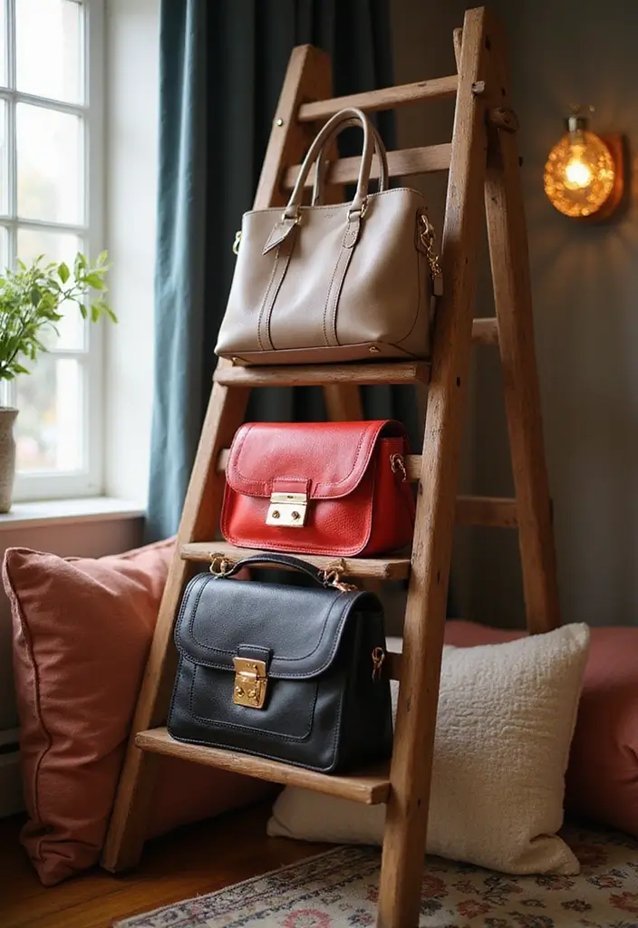 25 Purse Storage Ideas Every Fashion Lover Needs - 14. Decorative Ladder Racks