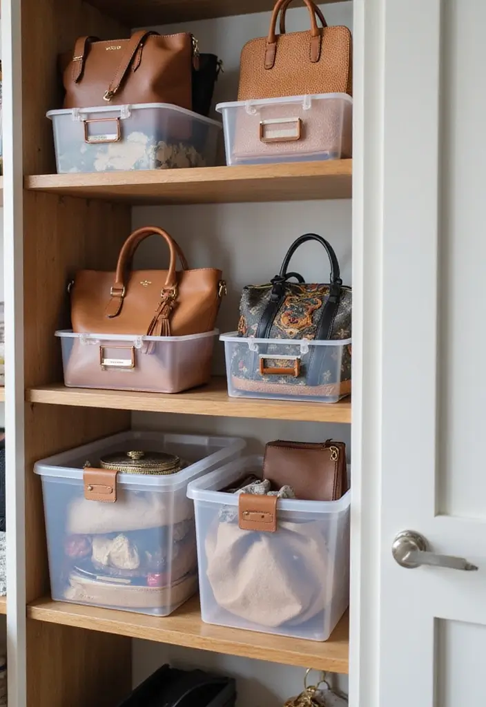 25 Purse Storage Ideas Every Fashion Lover Needs - 2. Clear Storage Bins