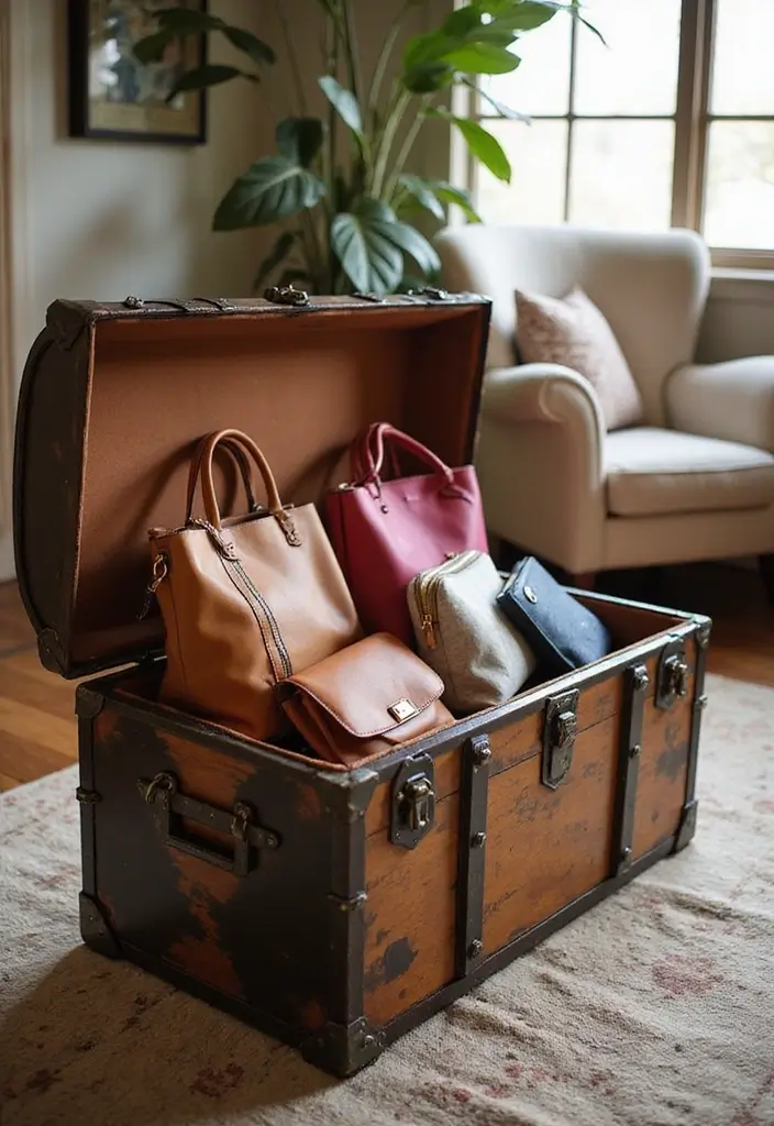 25 Purse Storage Ideas Every Fashion Lover Needs - 21. Decorative Trunks