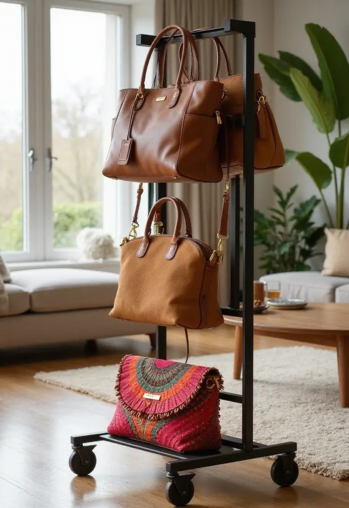 25 Purse Storage Ideas Every Fashion Lover Needs - 23. A Rolling Rack for Easy Access