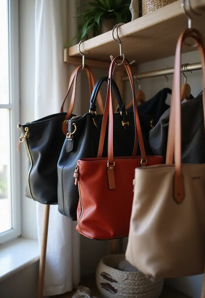 25 Purse Storage Ideas Every Fashion Lover Needs - 6. Closet Rod Hooks