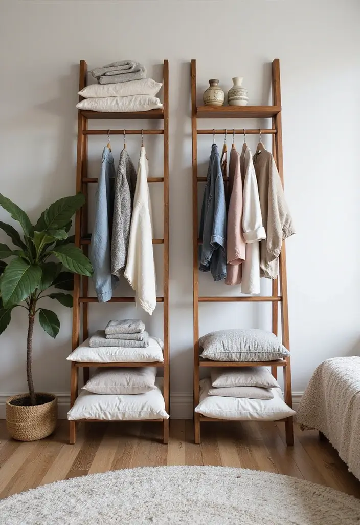 25 Small Room Clothes Storage Ideas That Fit Anywhere - 11. Ladder Shelves