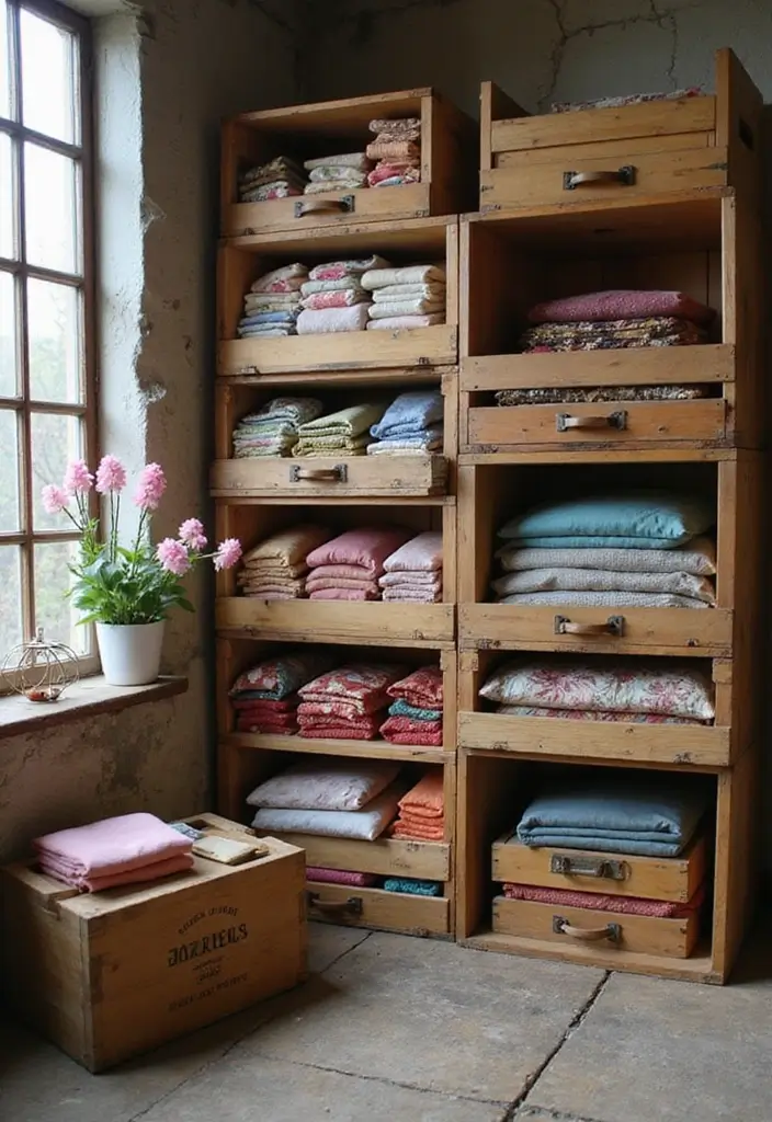 27 Fabric Storage Ideas for Sewing and Crafts 24 27 Fabric Storage Ideas for Sewing and Crafts - 24. Vintage Crates for Rustic Charm