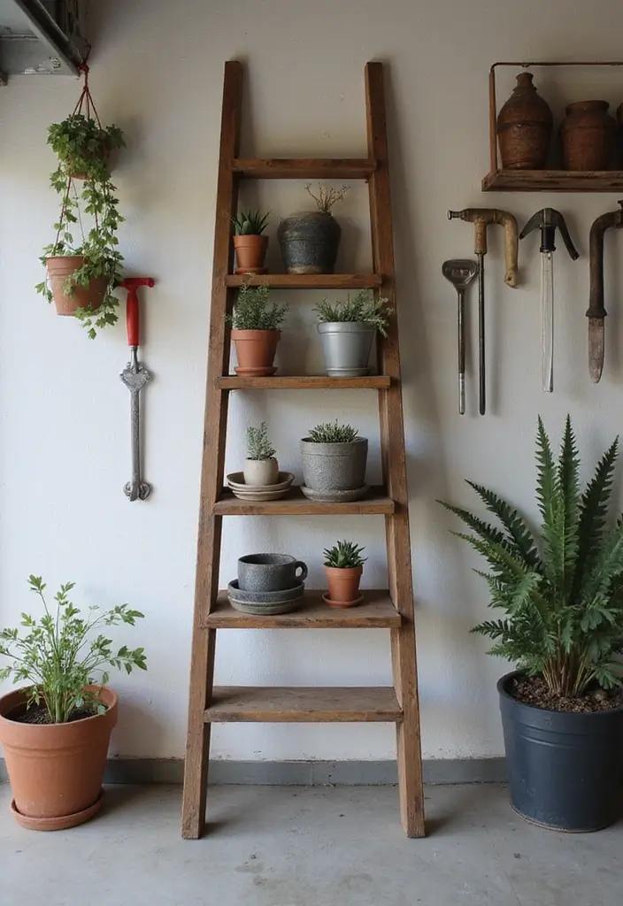 27 Garage Storage Ideas for a Clutter-Free Home 18 27 Garage Storage Ideas for a Clutter-Free Home - 18. Decorative Ladder as Storage