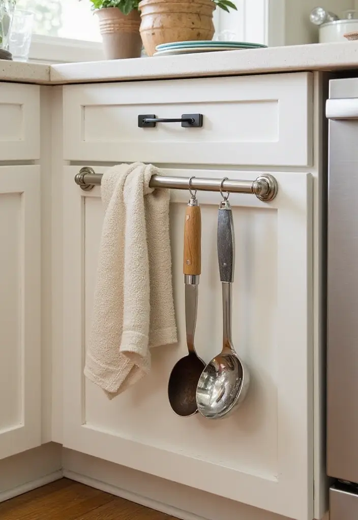27 Kitchen Cabinet Organization Ideas That Make Cooking Easier - 19. Use a Towel Bar for Utensils