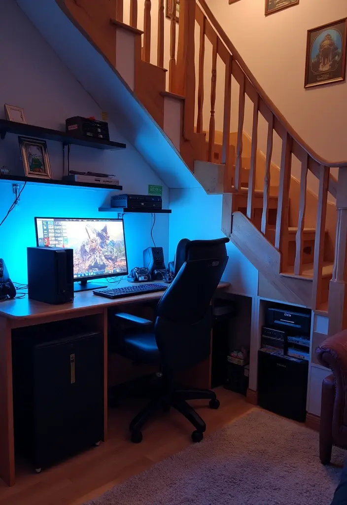 27 Under Stairs Storage Ideas That Maximize Every Inch - 17. Gaming Station