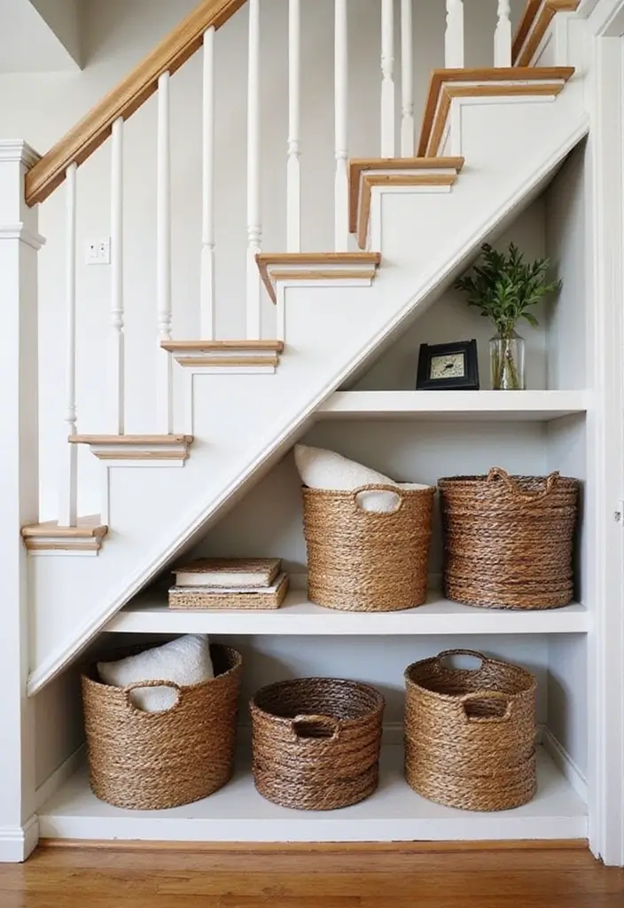 27 Under Stairs Storage Ideas That Maximize Every Inch - 20. Decorative Baskets