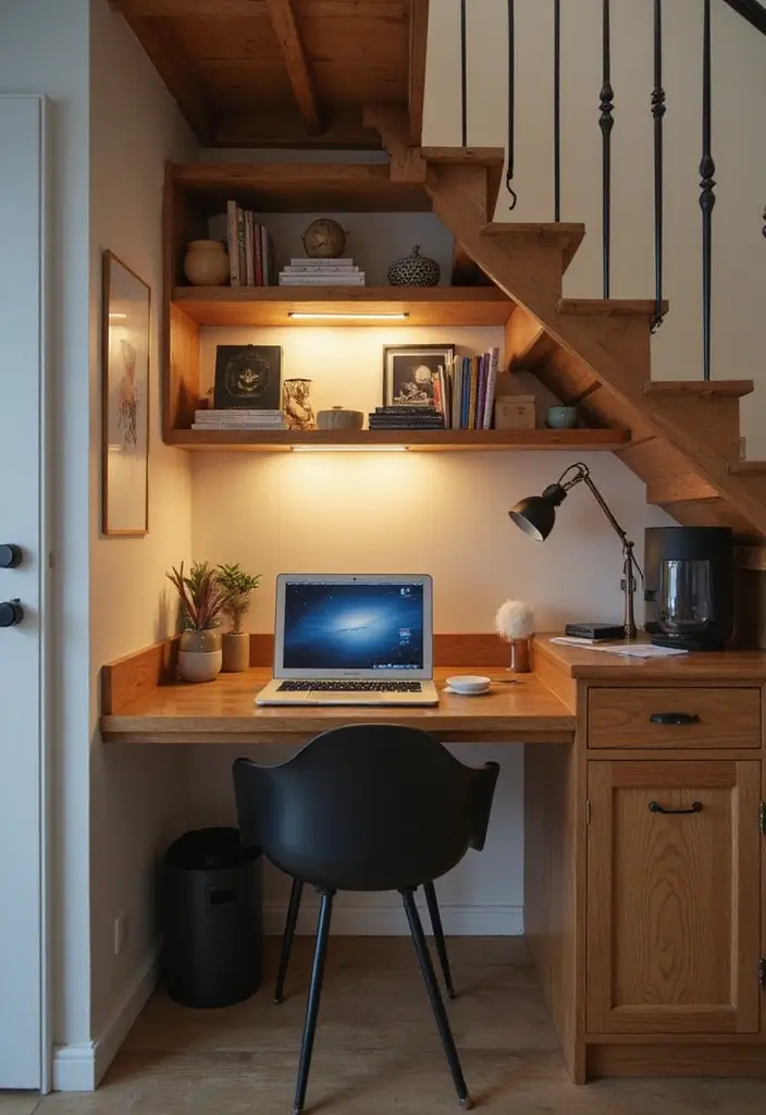 27 Under Stairs Storage Ideas That Maximize Every Inch - 3. Fold-Down Workspace