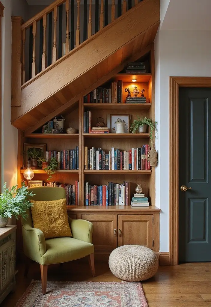 27 Under Stairs Storage Ideas That Maximize Every Inch - 8. Bookshelf with a Twist