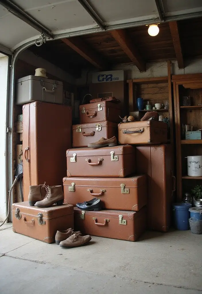 28 Garage Shoe Storage Ideas for a Clean Space - 19. Vintage Suitcase Storage
