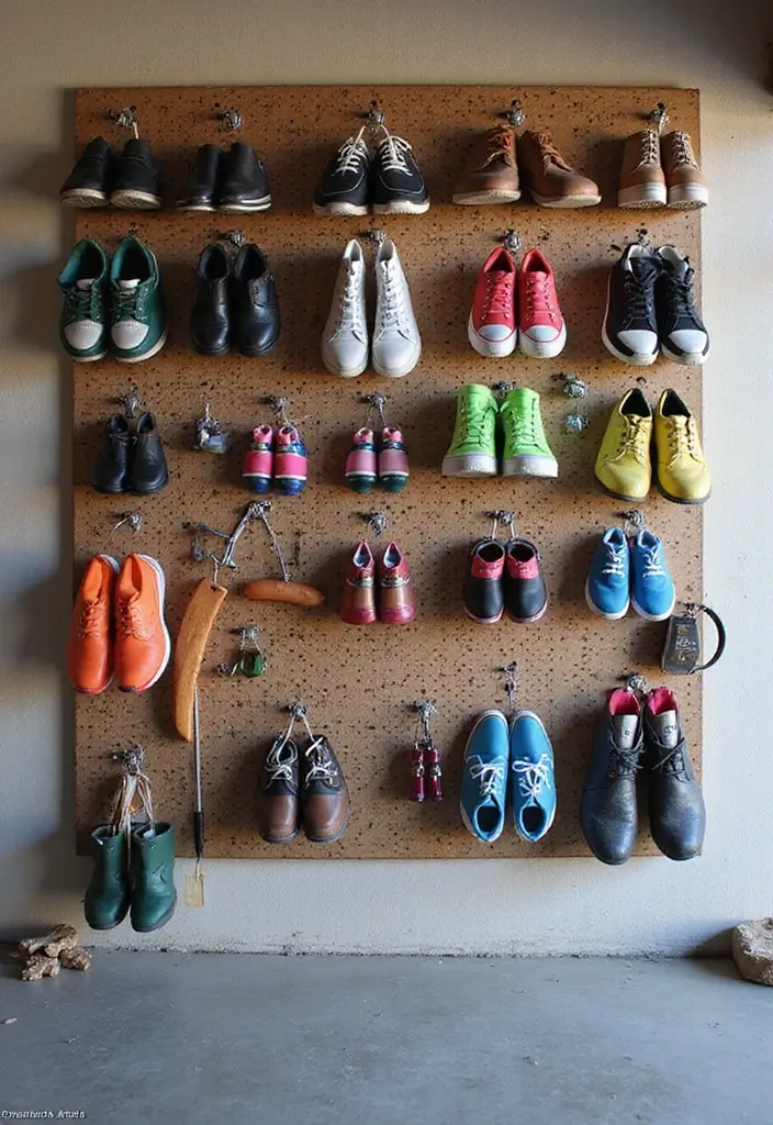 28 Garage Shoe Storage Ideas for a Clean Space - 21. Pegboard Shoe Wall