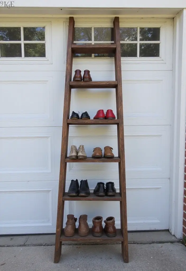 28 Garage Shoe Storage Ideas for a Clean Space - 22. Ladder Shoe Storage