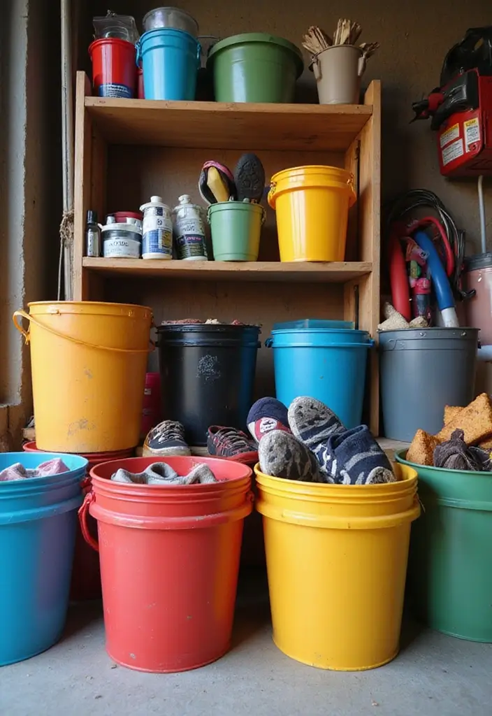 28 Garage Shoe Storage Ideas for a Clean Space - 25. Shoe Bucket Organizers