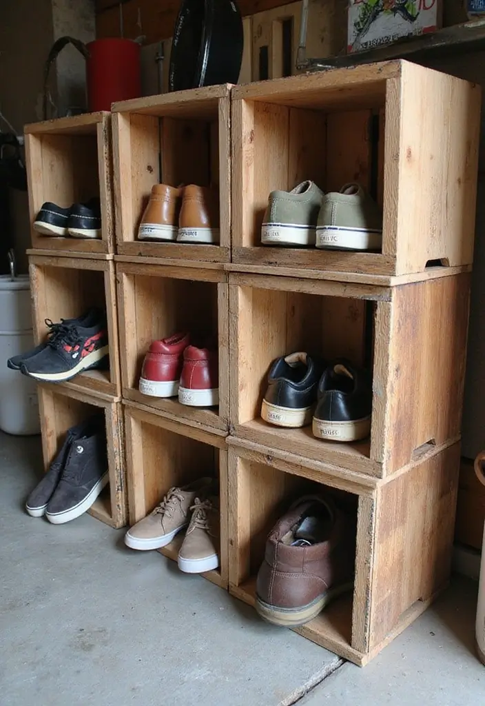 28 Garage Shoe Storage Ideas for a Clean Space - 4. Upcycled Wooden Crates
