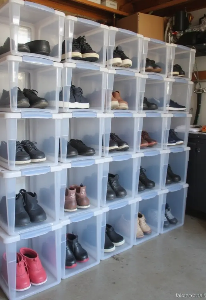 28 Garage Shoe Storage Ideas for a Clean Space - 7. Clear Plastic Bins