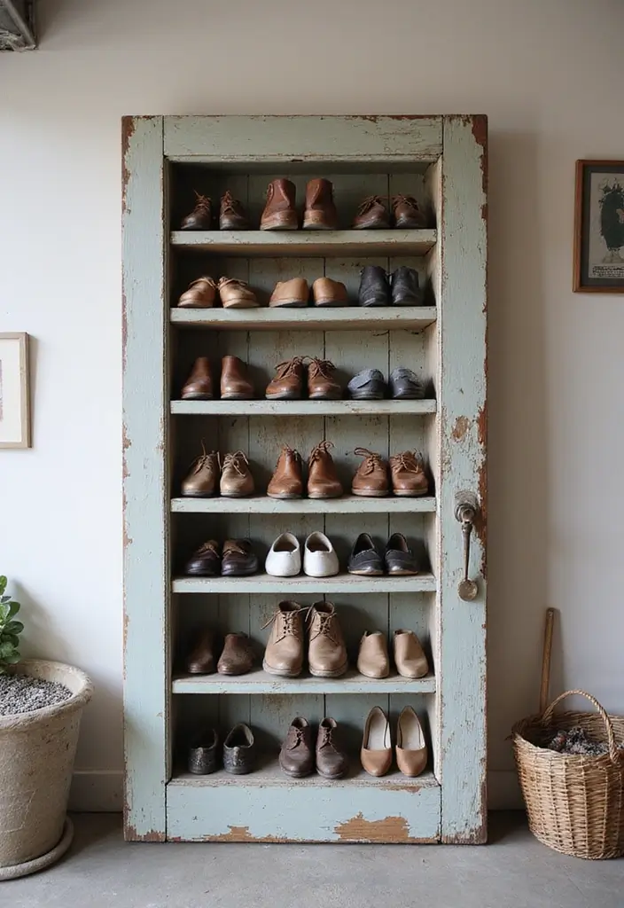 28 Garage Shoe Storage Ideas for a Clean Space - 8. DIY Shoe Shelf from Old Doors