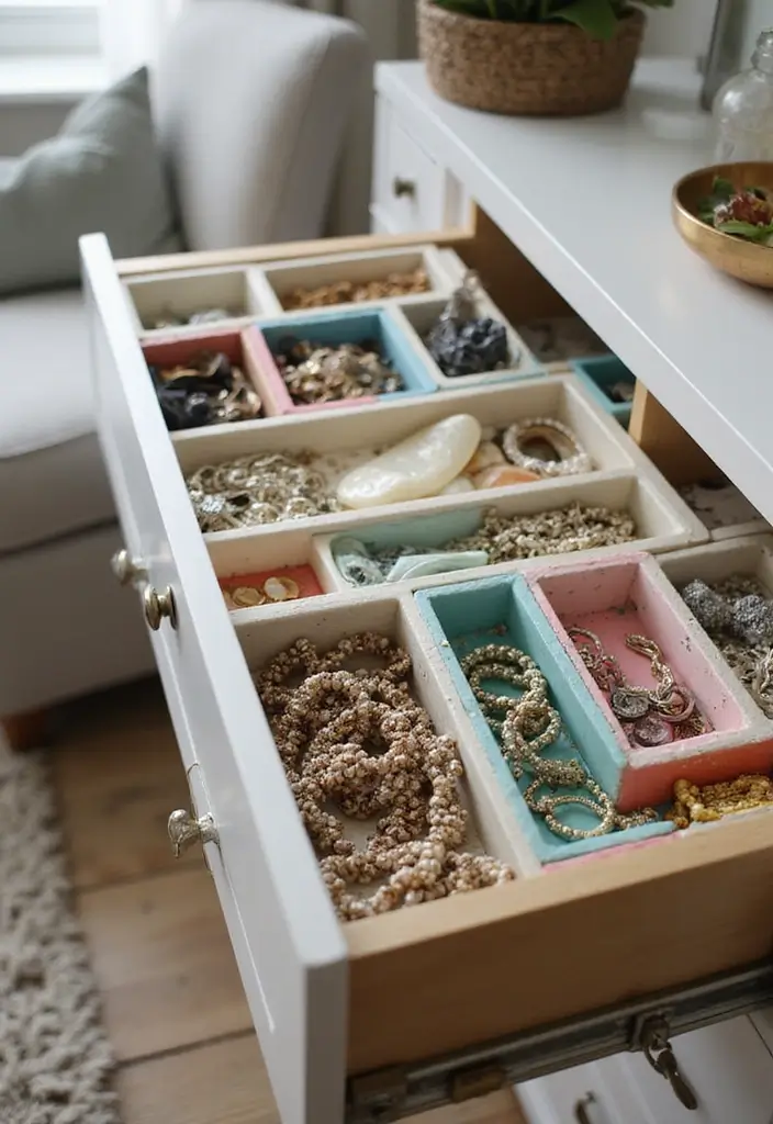 28 Jewelry Storage Ideas That Look Chic and Neat 7 28 Jewelry Storage Ideas That Look Chic and Neat - 7. Repurposed Drawer Dividers