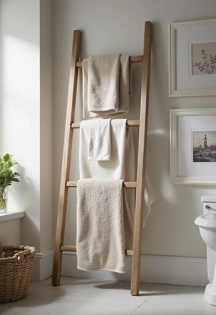 28 Towel Storage Ideas for Bathrooms You’ll Love - 1. Stylish Ladder Towel Rack