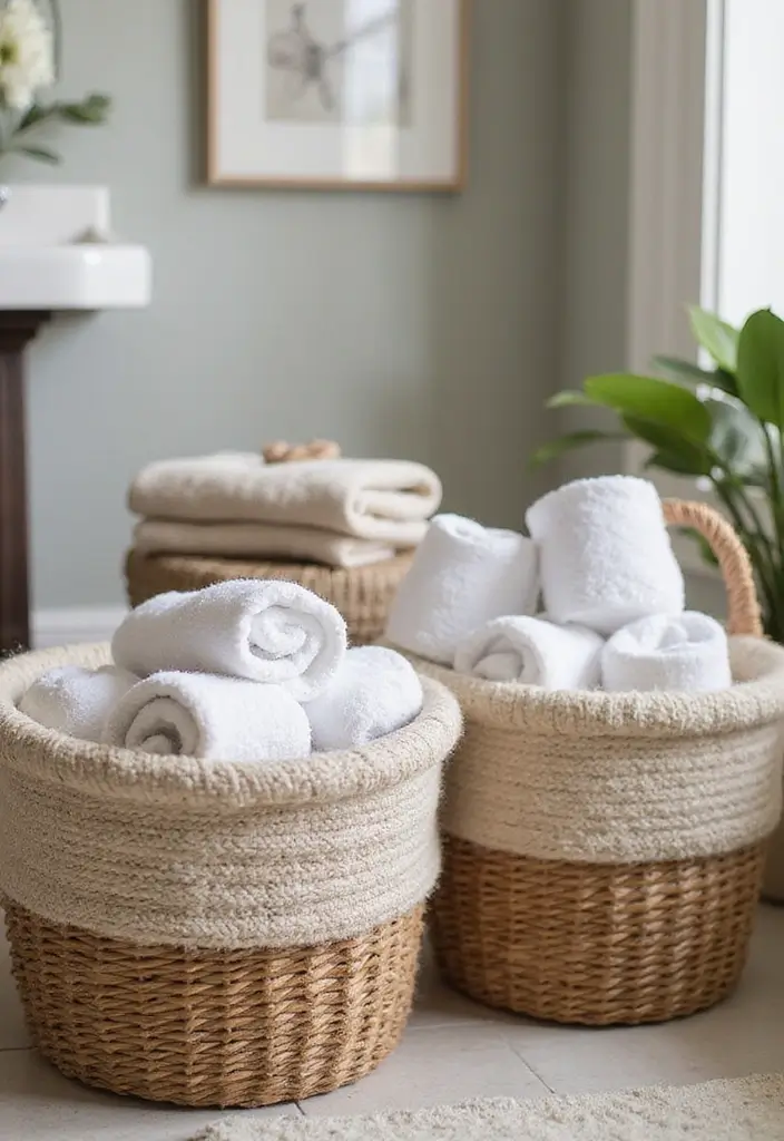 28 Towel Storage Ideas for Bathrooms You’ll Love - 2. Decorative Baskets