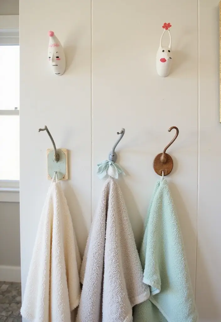 28 Towel Storage Ideas for Bathrooms You’ll Love - 23. Decorative Hooks with a Twist