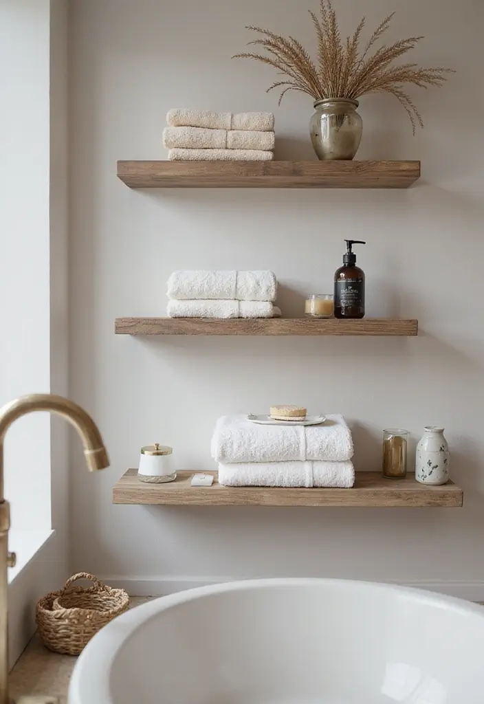 28 Towel Storage Ideas for Bathrooms You’ll Love - 3. Wall-Mounted Shelves