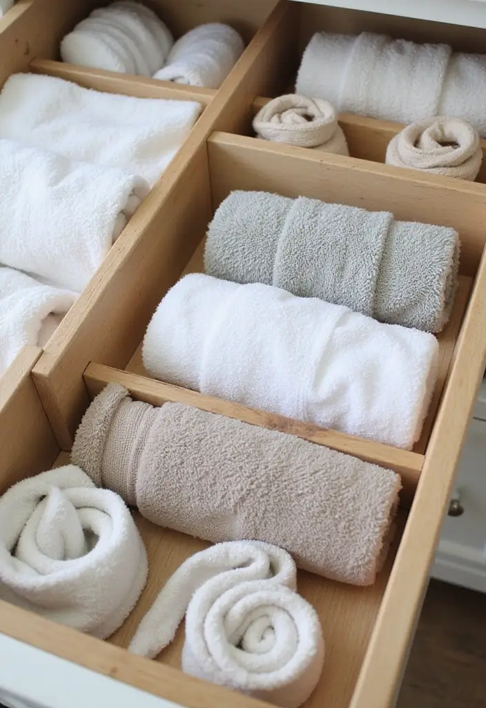 28 Towel Storage Ideas for Bathrooms You’ll Love - 6. Drawer Dividers