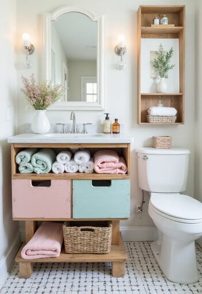 29 Bathroom Vanity Storage Ideas That Add Style - 1. Upcycled Wooden Crates