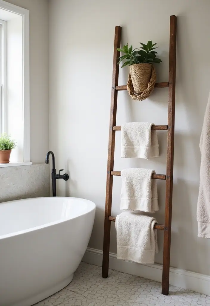29 Bathroom Vanity Storage Ideas That Add Style - 25. Chic Ladder Storage