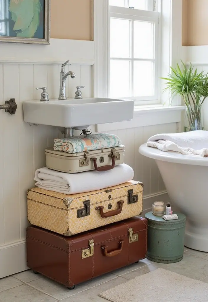 29 Bathroom Vanity Storage Ideas That Add Style - 7. Vintage Suitcases