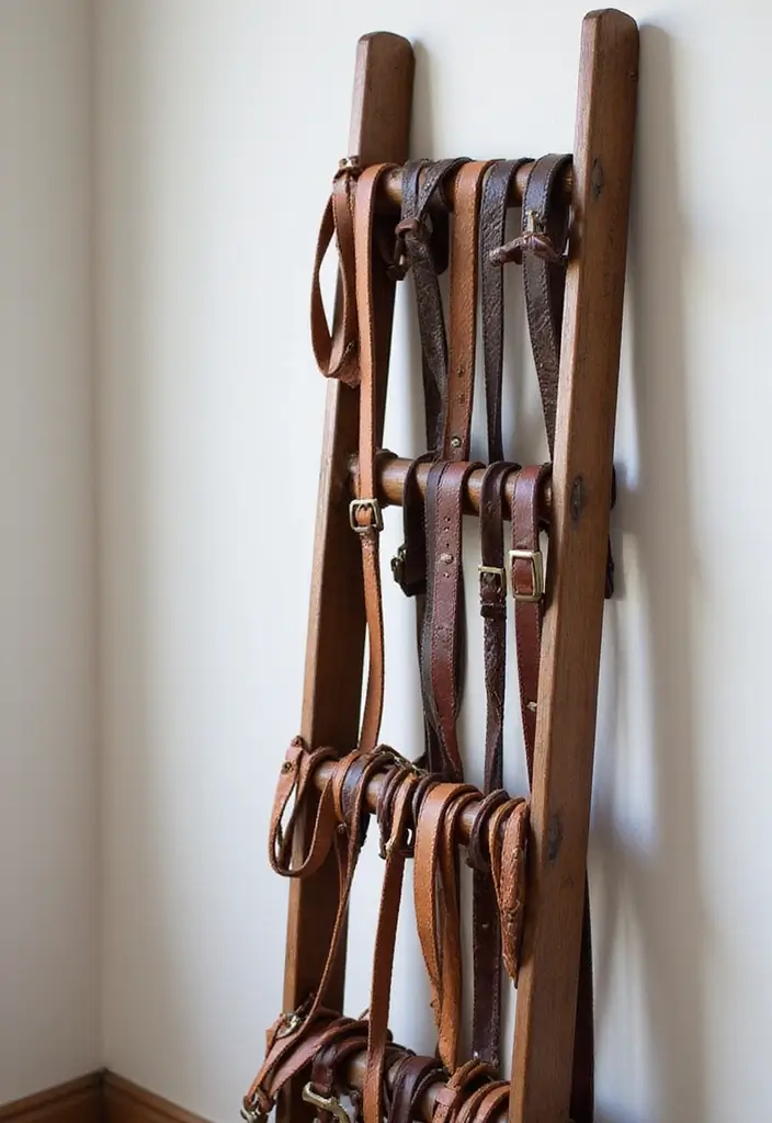 29 Belt Storage Ideas That Look Smart and Neat - 17. Belt Ladder Wall Hanger