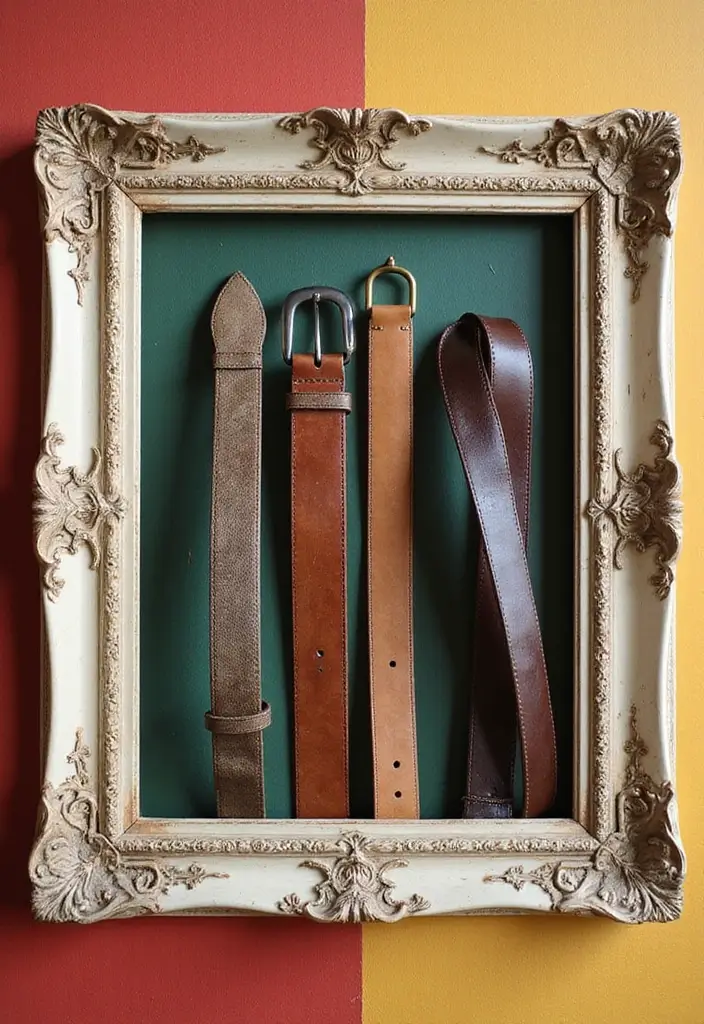29 Belt Storage Ideas That Look Smart and Neat - 5. Vintage Frame Belt Display