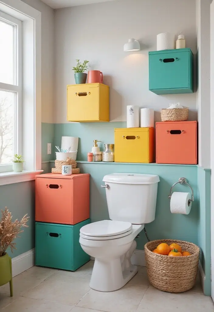 29 Toilet Paper Storage Ideas That Look Clever - 17. Colorful Storage Boxes