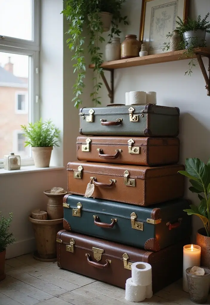 29 Toilet Paper Storage Ideas That Look Clever - 2. Vintage Suitcases