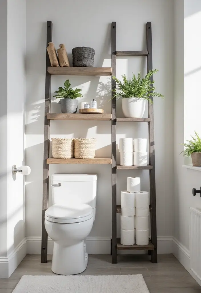 29 Toilet Paper Storage Ideas That Look Clever - 3. Ladder Shelf