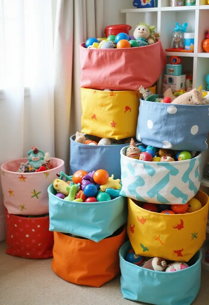 29 Toy Storage Ideas That Keep Kids’ Rooms Tidy - 1. Colorful Fabric Bins