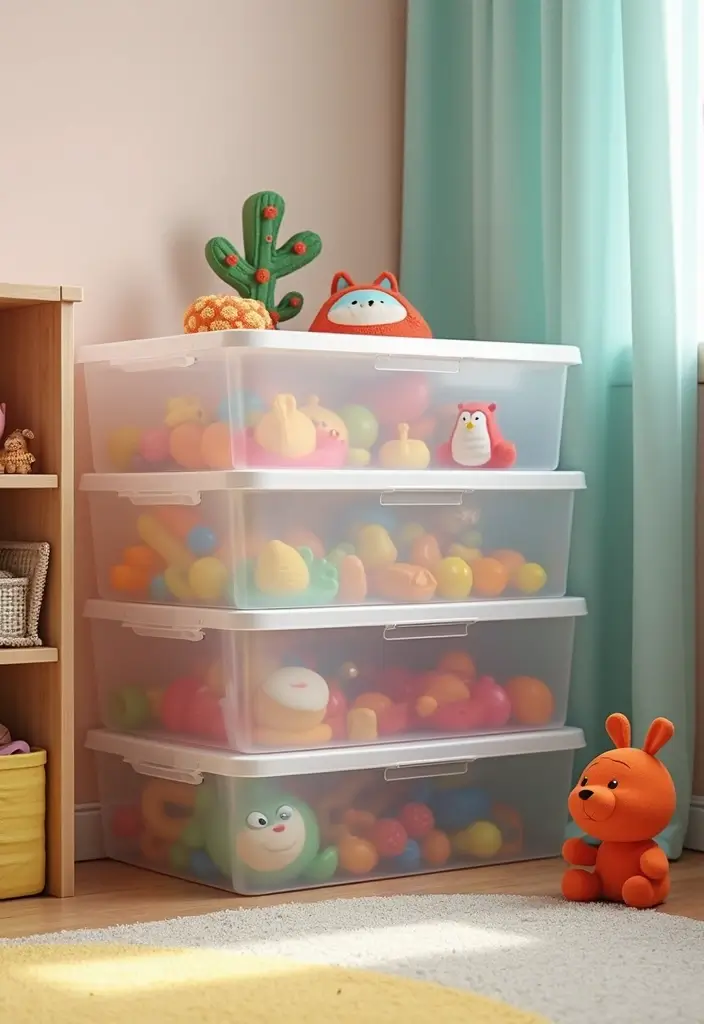 29 Toy Storage Ideas That Keep Kids’ Rooms Tidy - 5. Clear Storage Boxes