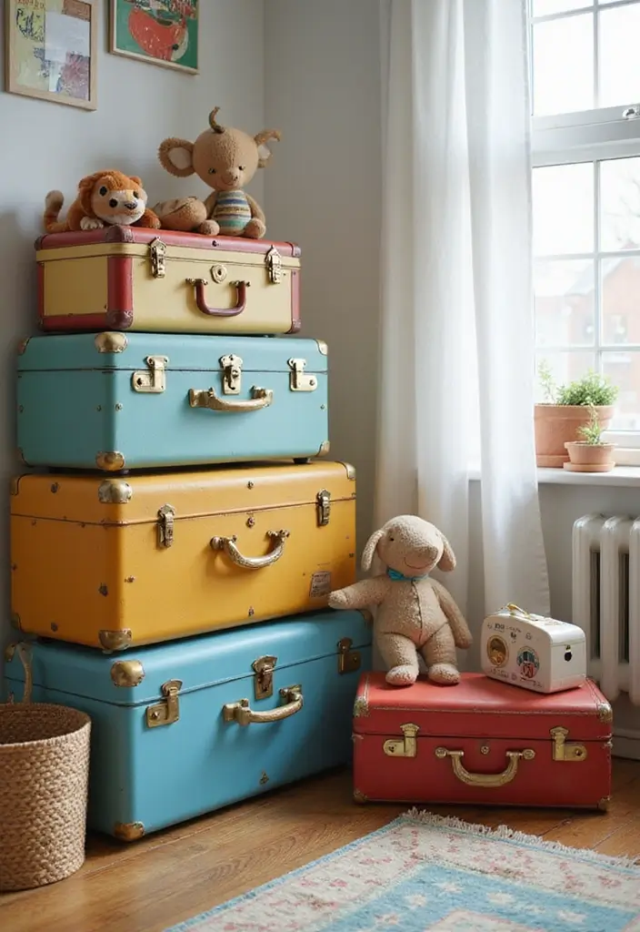 29 Toy Storage Ideas That Keep Kids’ Rooms Tidy - 7. Vintage Suitcases