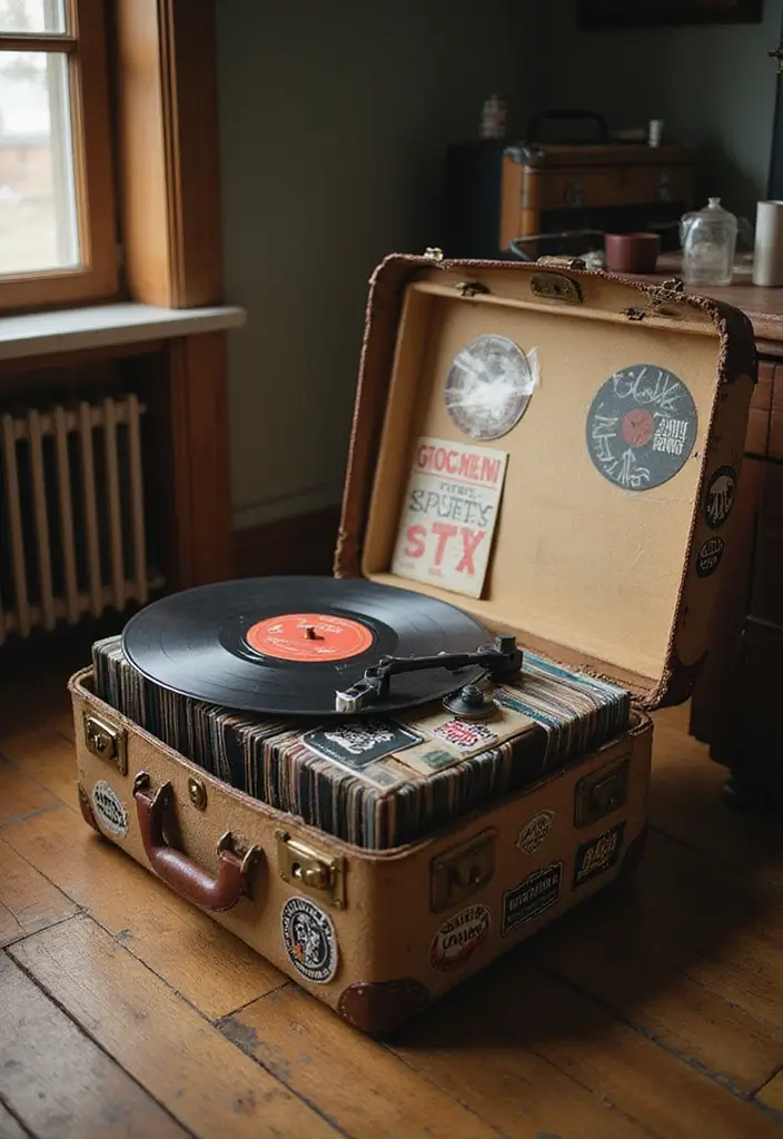 29 Vinyl Storage Ideas for Collectors - 2. Vintage Suitcase Storage