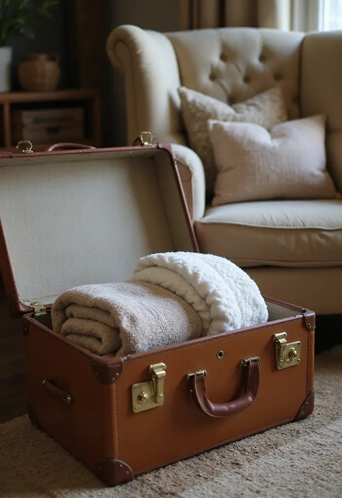 30 Blanket Storage Ideas That Look Stylish 5 30 Blanket Storage Ideas That Look Stylish - 5. Vintage Suitcase Storage