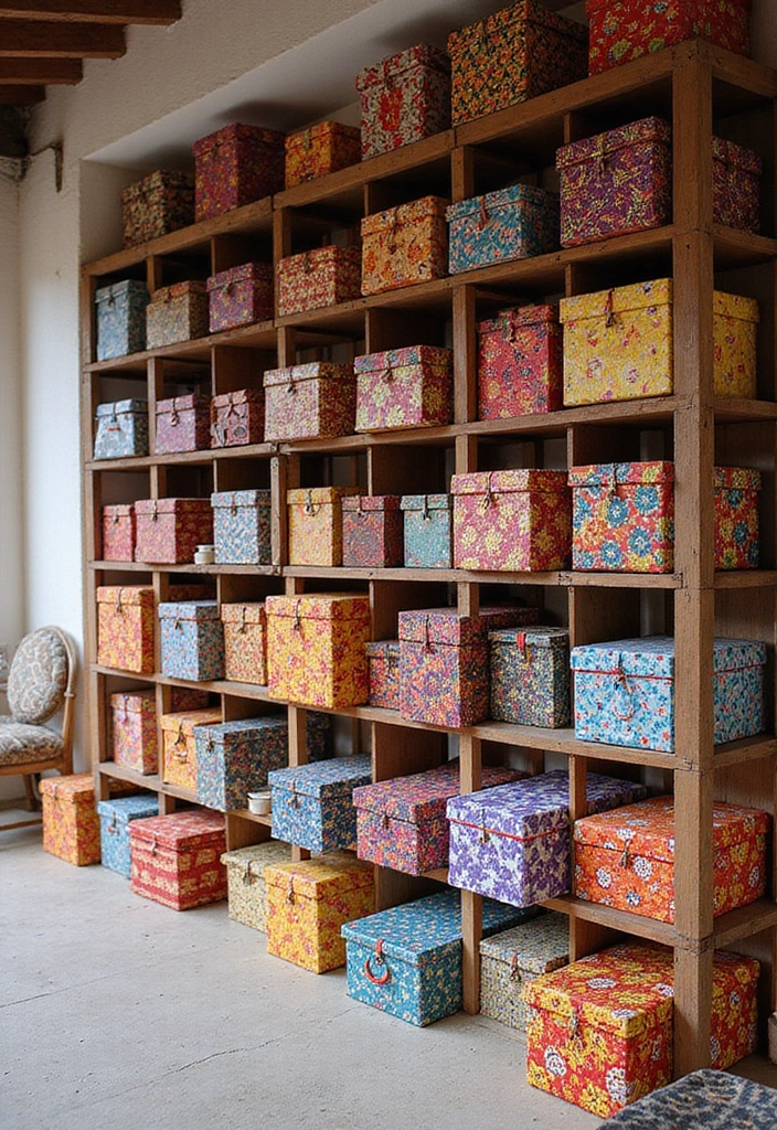 30 Eaves Storage Ideas to Use Hidden Space - 16. Colorful Decorative Boxes
