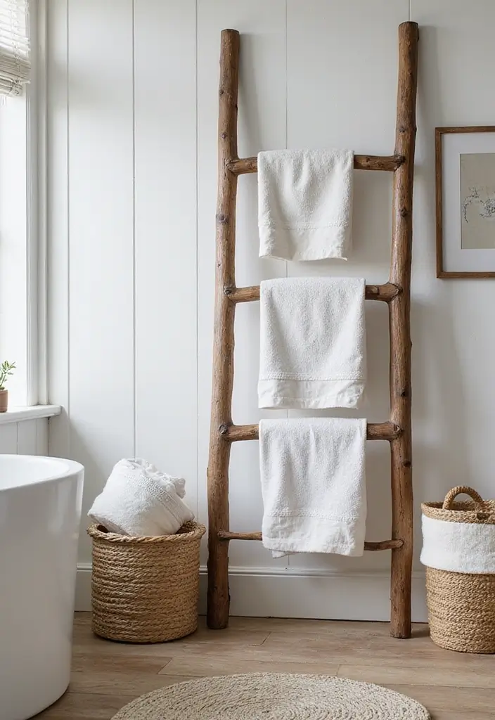 30 Shower Storage Ideas That Keep Things Handy - 15. Rustic Ladder Storage