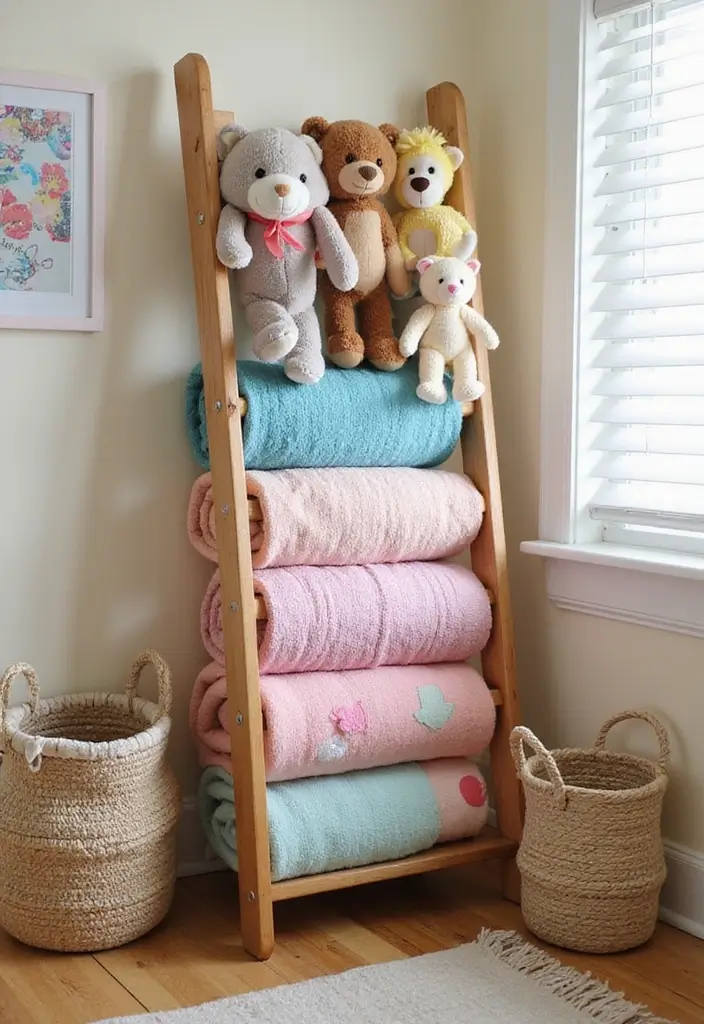 30 Stuffed Animal Storage Ideas Kids Will Love - 25. Blanket Ladder