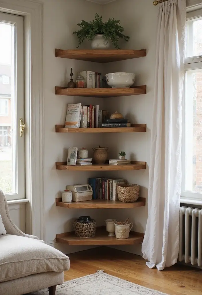 30 Wood Storage Ideas That Look Functional and Stylish - 25. Corner Wood Shelves