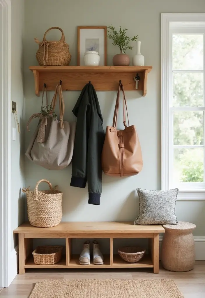 30 Wood Storage Ideas That Look Functional and Stylish - 28. Wood Entryway Hooks with Storage